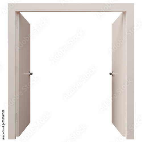 3d illustration of open white rectangle double doors isolated.