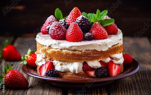 a homemade naked layered vanilla cake adorned with whipped cream and fresh berries