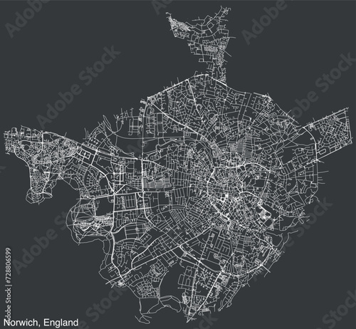 Detailed hand-drawn navigational urban street roads map of the United Kingdom city township of NORWICH, ENGLAND with vivid road lines and name tag on solid background