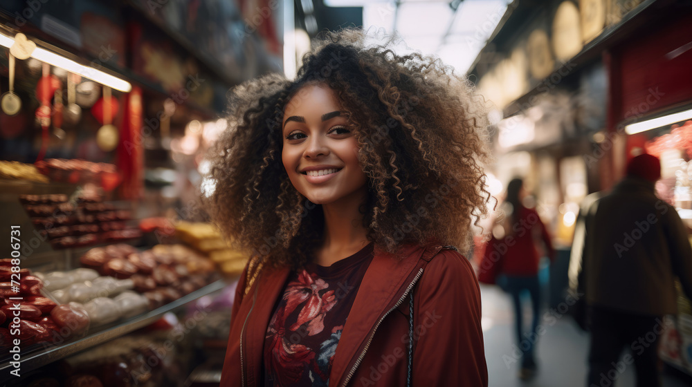 Young smiling African American woman in a bustling city market. European travel concept