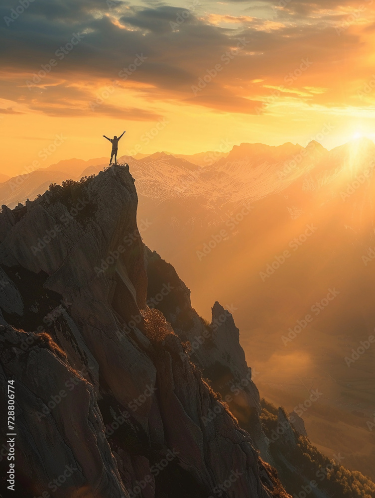 person reaching the peak of a mountain, hands raised in victory, panoramic view of the surrounding landscape bathed in golden sunrise light, with a clear, sharp focus on the person