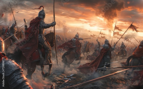 Cinematic depiction of a medieval army on horseback advancing through misty fields at dawn, with banners flying high.