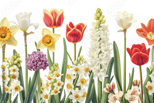 botanical illustration of various spring flowers, including tulips, daffodils, and hyacinths