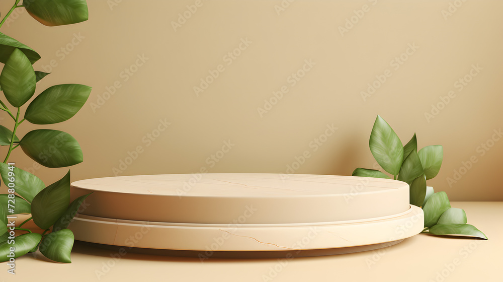 Abstract minimal scene with geometric forms. cylinder wood podium in white background with leaves. product presentation, mock up, show cosmetic product, Podium, stage pedestal or platform. 3d vector P