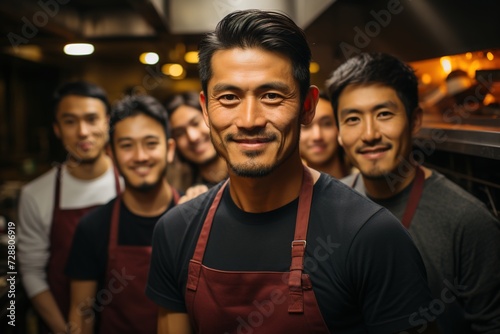 Flavor Innovator: The Asian Chef Stands Proudly in Front of His Team, Leading the Charge in Creating Bold and Memorable Culinary Experiences