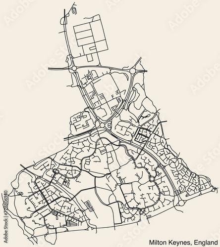 Detailed hand-drawn navigational urban street roads map of the United Kingdom city township of MILTON KEYNES, ENGLAND with vivid road lines and name tag on solid background photo