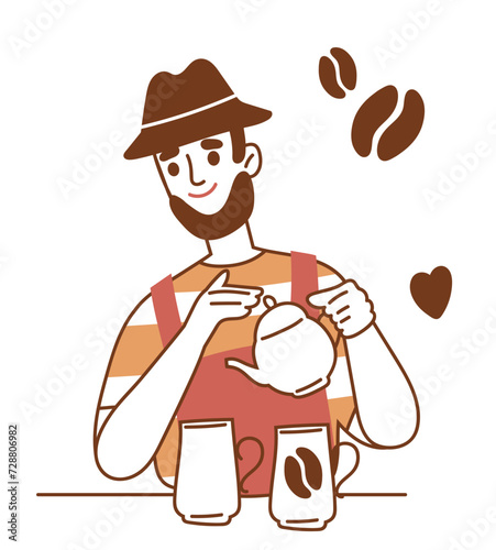 Coffee lover doodle concept. Aroma and beverage. Hot drink, americano and cappuccino. Barista at workplace. Social media sticker. Simple flat vector illustration isolated on white background