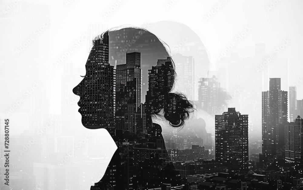 Artistic double exposure of a woman's silhouette blending with an urban skyline, evoking a sense of unity with the city.