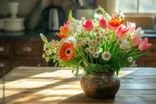 rustic wooden table adorned with a spring floral arrangement. The flowers are a mix of daisies  tulips  and hyacinths  their colors vibrant and fresh