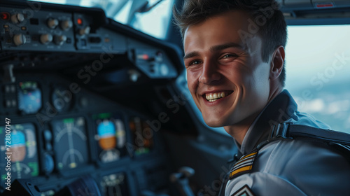 Caucasian male airplane captain wearing uniform in cockpit.