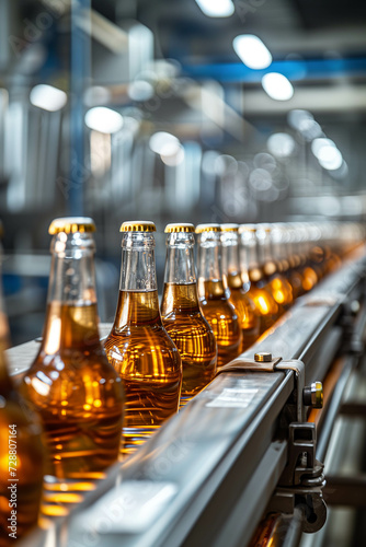 Machines are transporting glass bottles on a conveyor belt inside the factory.