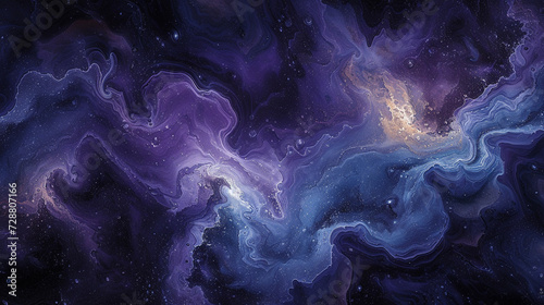 A mysterious and enigmatic abstract painting on a marble slab with dark purple and navy blue colors, resembling a galaxy. 