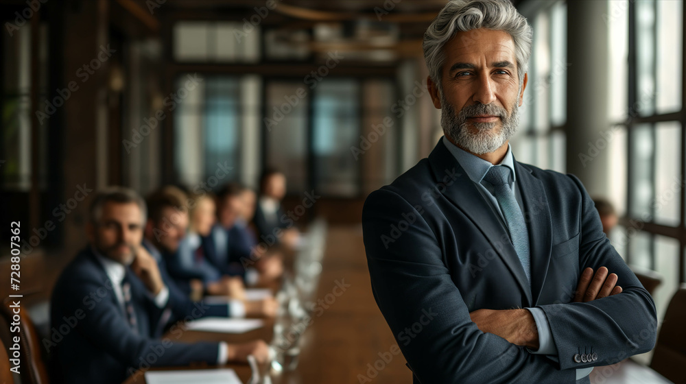 Senior Caucasian businessman standing in front of conference table with confidence in office. Senior Caucasian businessman standing in front of conference table with confidence in office.