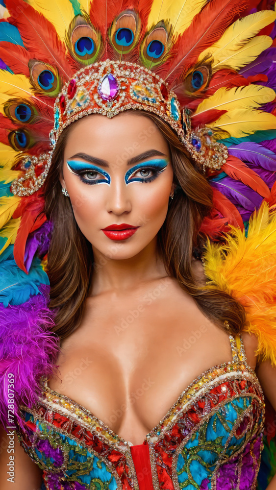 Vibrant Carnival Extravaganza: Captivating Portrait of a Group of Seductive Women in Colorful Sumptuous Feather Suits and Carnival Costumes - Sensual Festive Atmosphere,  Exotic Beauty, Masquerade