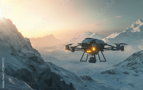 Advanced rescue drone flying over a snowy mountain terrain, equipped with high-tech search tools, set against the dawn light.