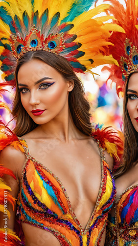 Vibrant Carnival Extravaganza: Captivating Portrait of a Group of Seductive Women in Colorful Sumptuous Feather Suits and Carnival Costumes - Sensual Festive Atmosphere, Exotic Beauty, Masquerade