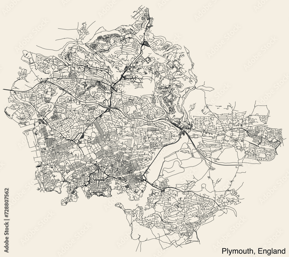 Fototapeta premium Detailed hand-drawn navigational urban street roads map of the United Kingdom city township of PLYMOUTH, ENGLAND with vivid road lines and name tag on solid background