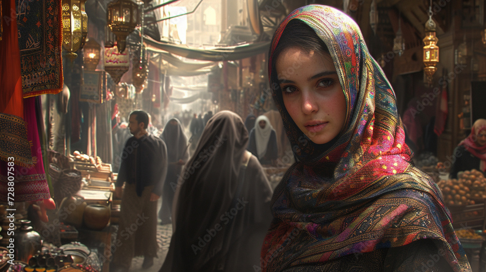 A breathtaking scene of a Persian woman walking through the labyrinthine alleys of an ancient bazaar, her colorful hijab fluttering in the bustling marketplace, her eyes alight wit