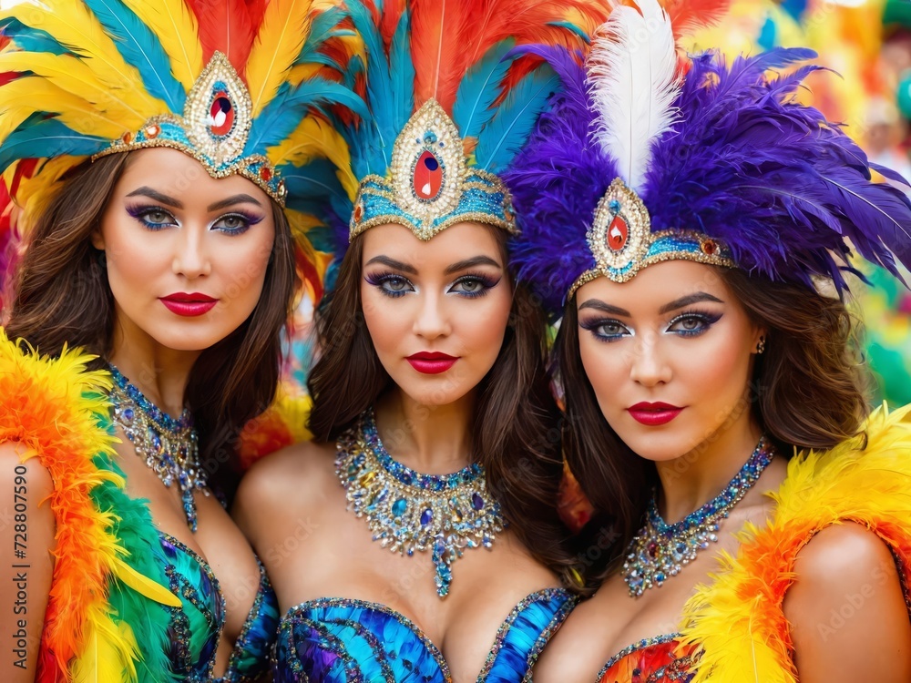 Vibrant Carnival Extravaganza: Captivating Portrait of a Group of Seductive Women in Colorful Sumptuous Feather Suits and Carnival Costumes - Sensual Festive Atmosphere, Exotic Beauty, Masquerade Vibrant Carnival Extravaganza: Captivating Portrait of a Group of Seductive Women in Colorful Sumptuous Feather Suits and Carnival Costumes - Sensual Festive Atmosphere, Exotic Beauty, Masquerade