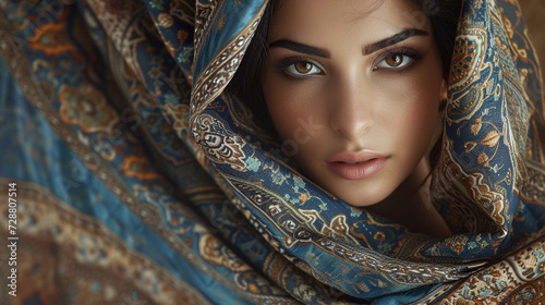 A stunning Persian woman draped in an exquisite silk scarf, her almond-shaped eyes framed by intricate kohl eyeliner, emanating an aura of timeless elegance and grace. photo