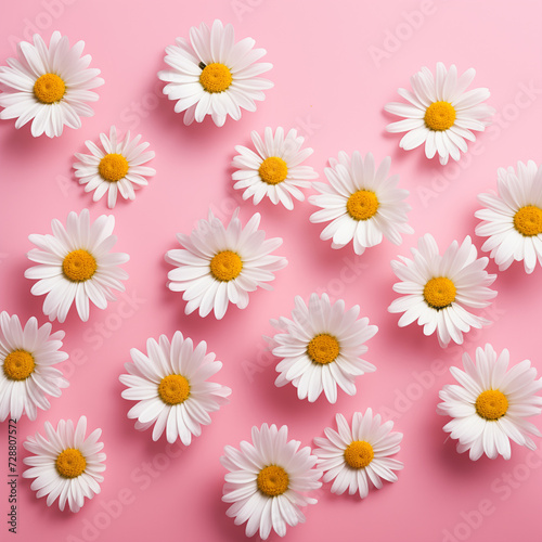 Daisies on pink background. Flat lay  spring concept.