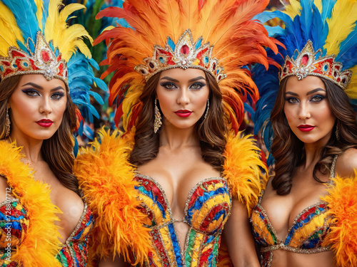 Vibrant Carnival Extravaganza: Captivating Portrait of a Group of Seductive Women in Colorful Sumptuous Feather Suits and Carnival Costumes - Sensual Festive Atmosphere, Exotic Beauty, Masquerade