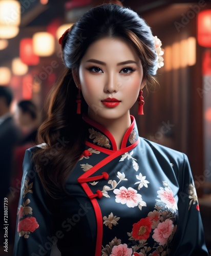 asian woman in a traditional dress with flowers on her hair
