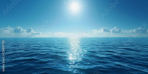 boundless ocean under a clear blue sky, symbolizing freedom, with sunlight reflecting on the water's surface, creating a serene and tranquil scene