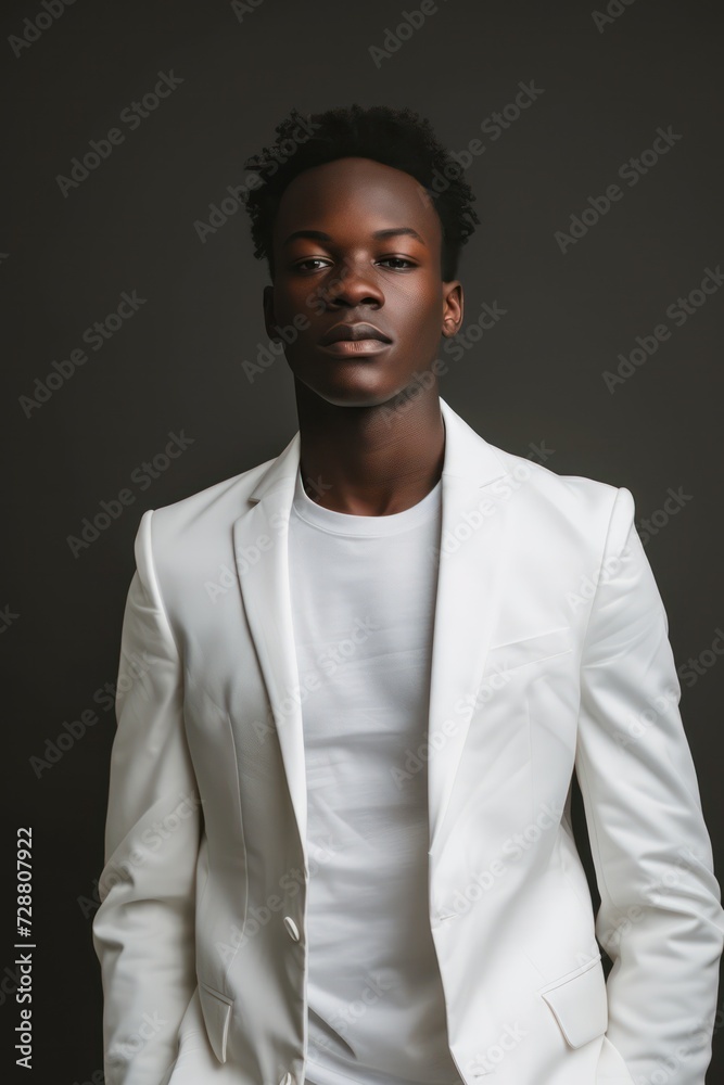 A professional portrait of a black young man wearing a white suit jacket over a T-shirt A professional portrait of a black young man wearing a white suit jacket over a T-shirt