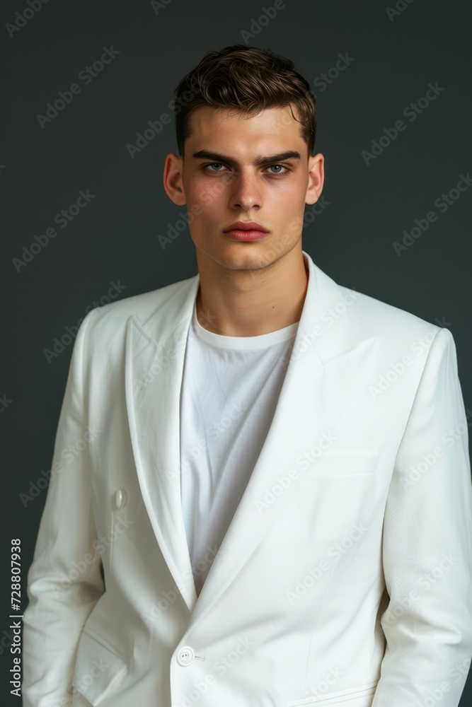 A professional portrait of a young man wearing a white suit jacket over a T-shirt A professional portrait of a young man wearing a white suit jacket over a T-shirt