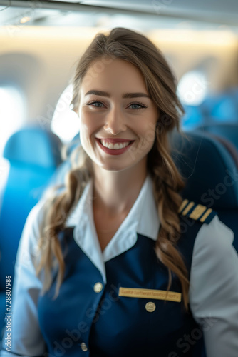 Free Download Caucasian female stewardess in uniform smiles with confidence in the interior of an airplane cabin. - GFXLoad