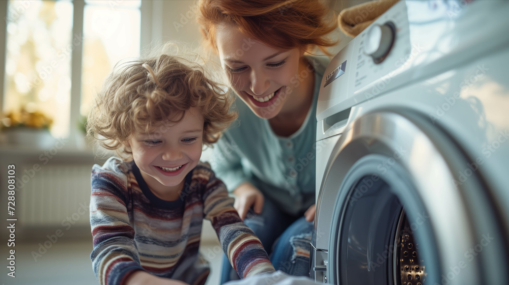 Caucasian mother and son washing clothes together in the house. - obrazy, fototapety, plakaty 
