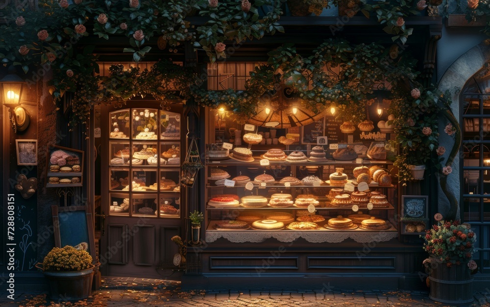 An enchanting bakery display window filled with delectable desserts, lit by fairy lights on a magical evening.