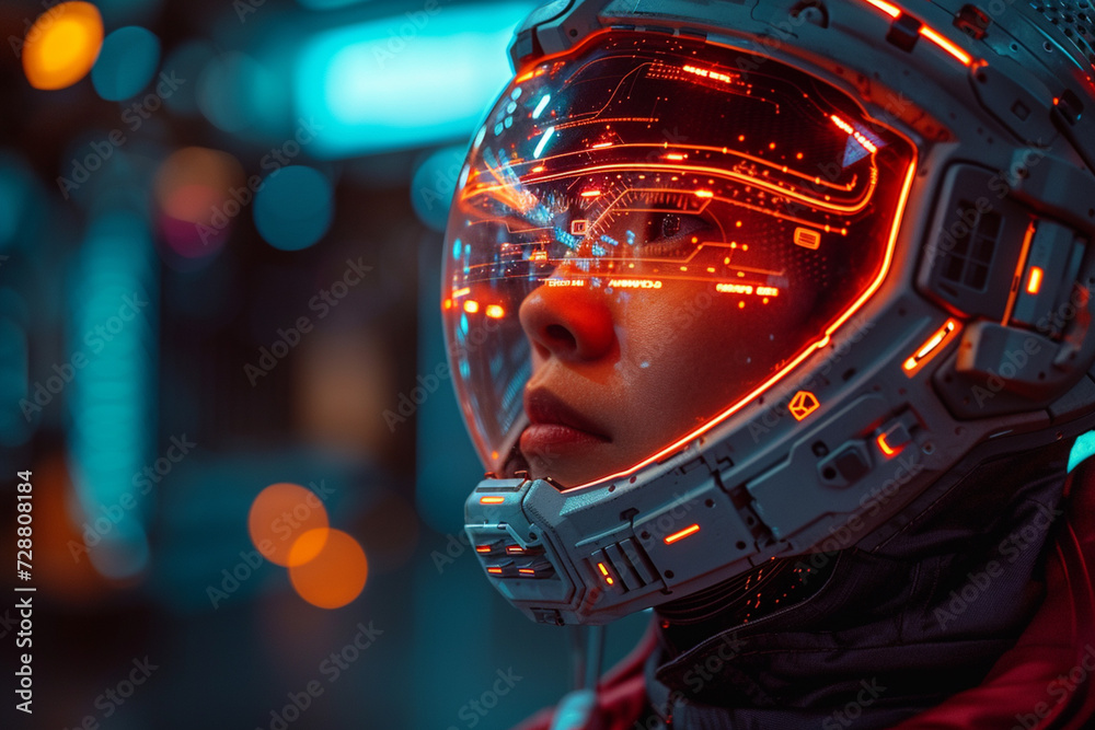 Woman in spacesuit with digital interface on space ship Woman in spacesuit with digital interface on space ship
