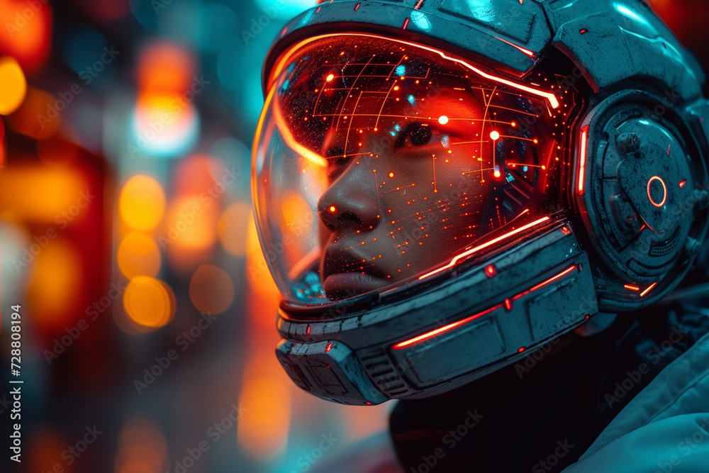 Woman in spacesuit with digital interface on space ship