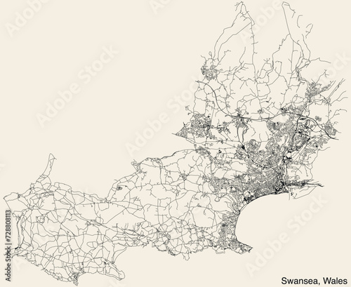 Detailed hand-drawn navigational urban street roads map of the United Kingdom city township of SWANSEA, WALES with vivid road lines and name tag on solid background