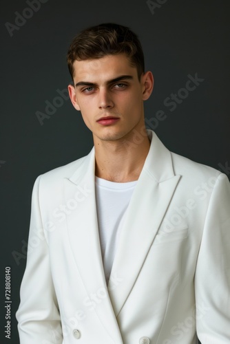 A professional portrait of a young man wearing a white suit jacket over a T-shirt