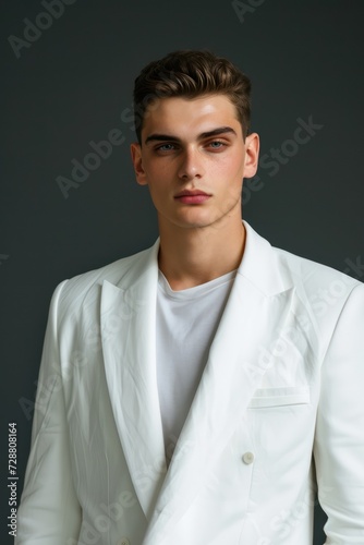 A professional portrait of a young man wearing a white suit jacket over a T-shirt
