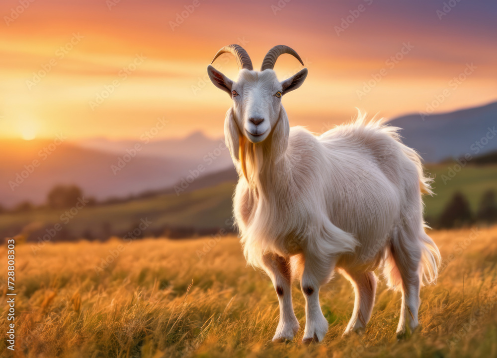 Obraz premium A goat stands in a field at sunset, during the golden hour.