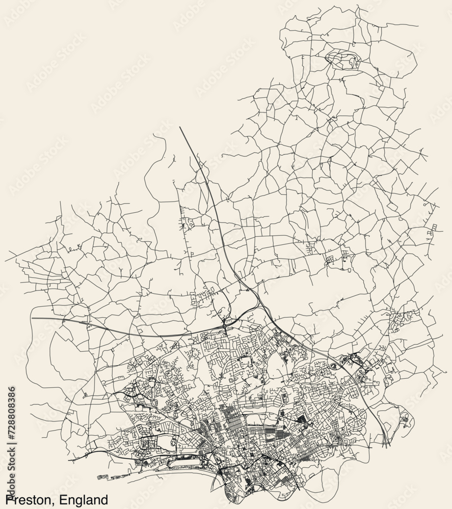 Detailed hand-drawn navigational urban street roads map of the United Kingdom city township of PRESTON, ENGLAND with vivid road lines and name tag on solid background
