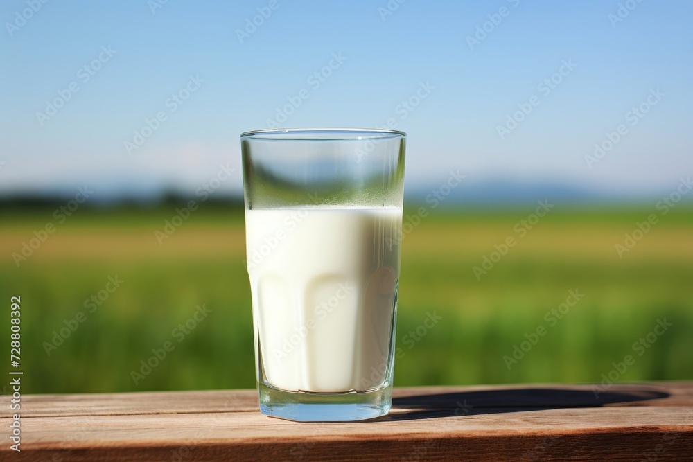 Glass of milk on wooden table with lush green field and clear blue sky. Copy space Glass of milk on wooden table with lush green field and clear blue sky. Copy space