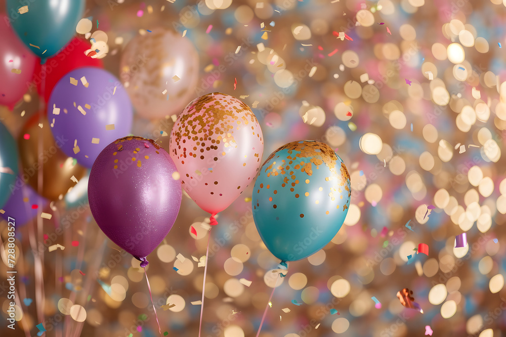 balloons, confetti, sparkles, blurred background balloons, confetti, sparkles, blurred background