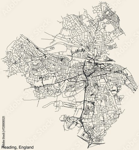 Detailed hand-drawn navigational urban street roads map of the United Kingdom city township of READING, ENGLAND with vivid road lines and name tag on solid background