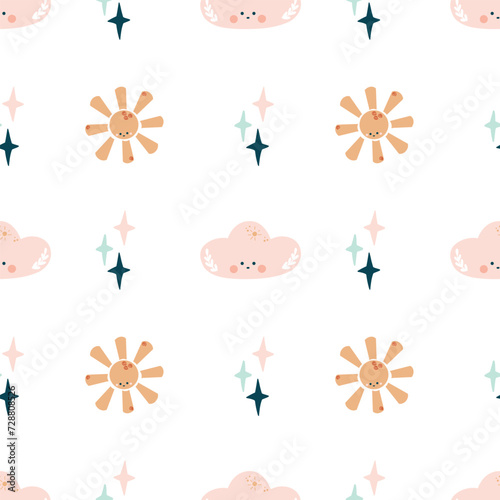 Cute bohemian baby seamless pattern with clouds, stars, sun. Vector pattern in boho style.