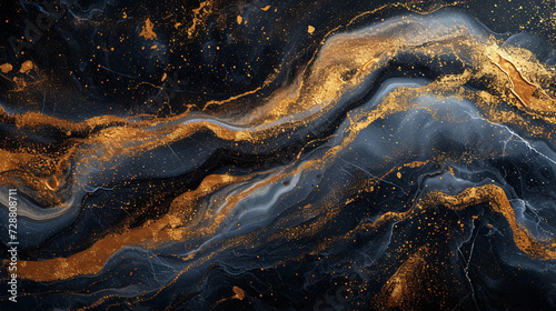 A sophisticated and luxurious abstract painting on a marble slab with gold and black colors  resembling a night sky. 