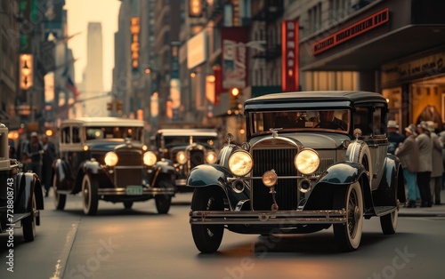 Elegant vintage cars cruising down a bustling city street, evoking nostalgia and the charm of early automotive design. © burntime555