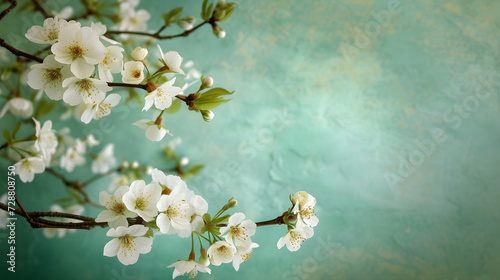 Blooming cherry branch on green background