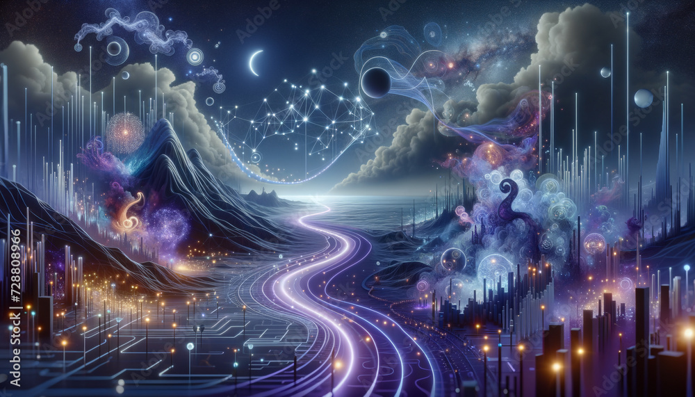 Surreal landscape with glowing ROC curve and ethereal mist representing AUC. Surreal landscape with glowing ROC curve and ethereal mist representing AUC.