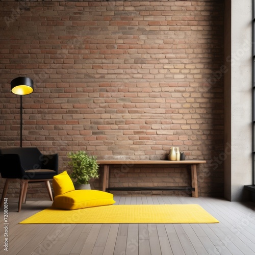 Modern interior room with brick wall in loft style concept with light and yellow colors, Frame for design, mockup frame. A sofa, a floor lamp, a coffee table with a chair and a green plant in the room