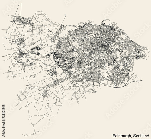 Detailed hand-drawn navigational urban street roads map of the United Kingdom city township of EDINBURGH, SCOTLAND with vivid road lines and name tag on solid background